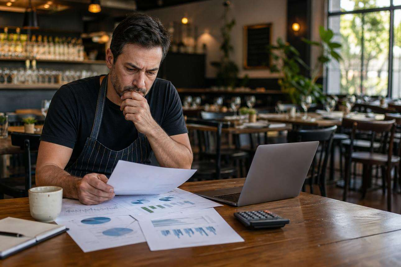 Responsável por restaurante analisando documentos financeiros